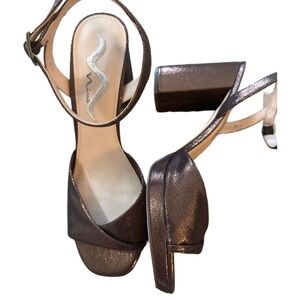 Nina Brown Sparkly Heels with Ankle Strap and Peep-Toe